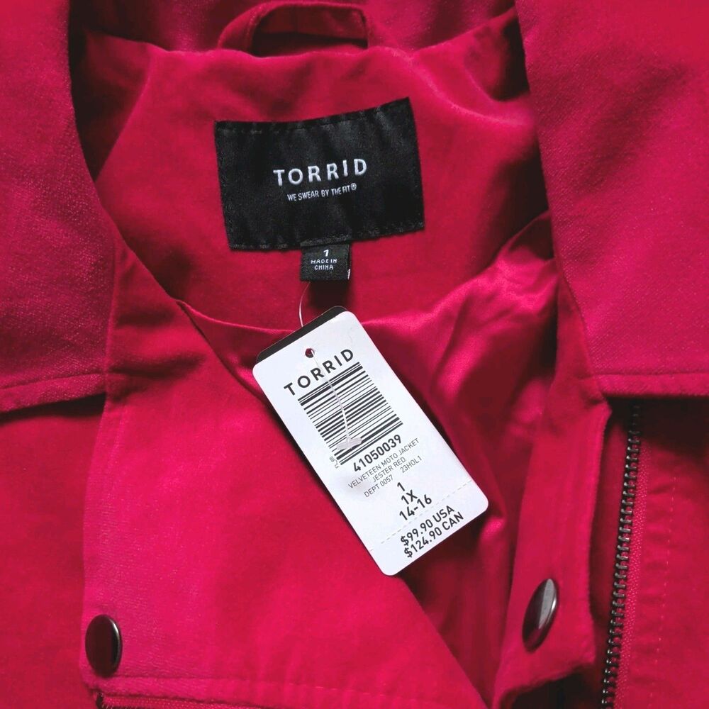 Torrid Women's Red Velvety Cotton Blend Bikers Moto Jacket Lined Plus Sz 1X NWT - Picture 2 of 6